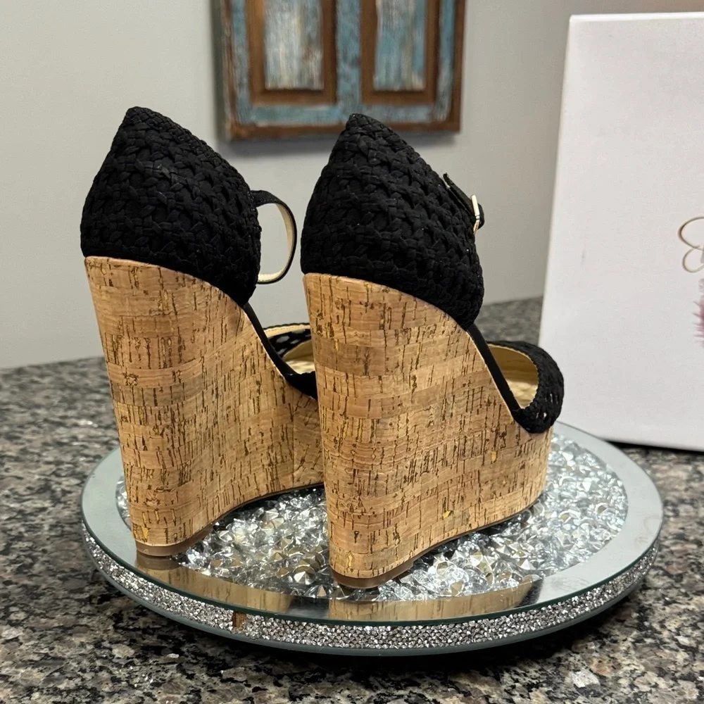 Jessica Simpson Black Crochet Wedges with Cork Platform NEW 9